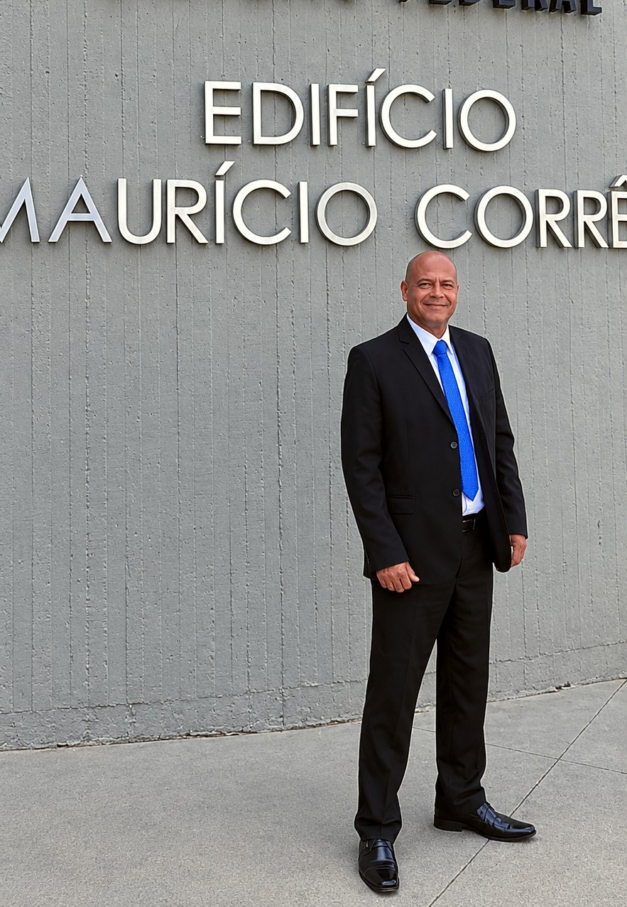 Dr. Edson Ramos de terno, em pé diante da fachada da OAB Distrito Federal, no Edifício Maurício Corrêa